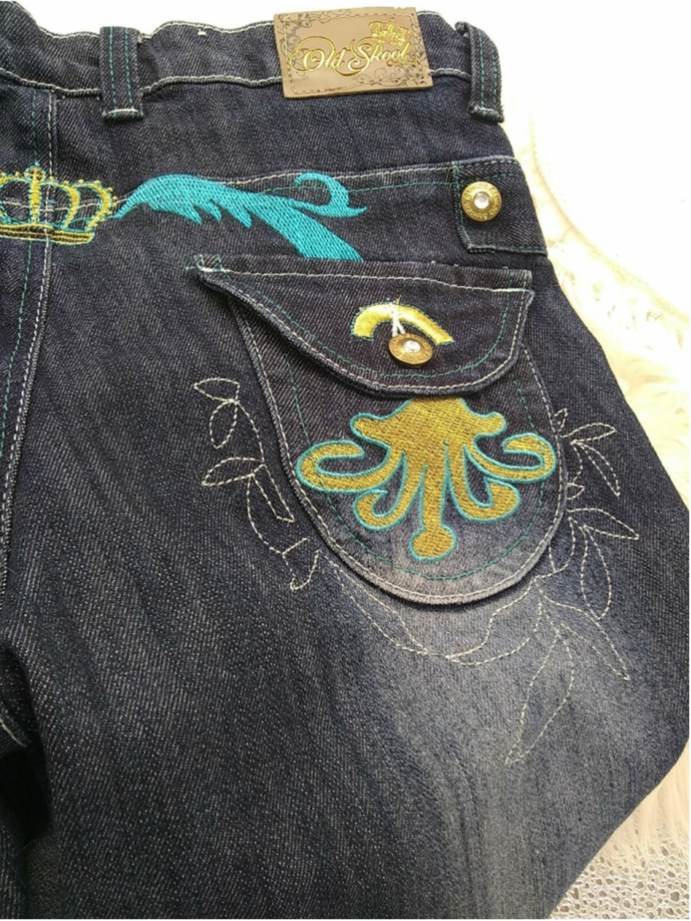 OLD SKOOL Womens Juniors Denim Jeans SIZE 15 Embellished Teal & Gray Stitching - Picture 4 of 12